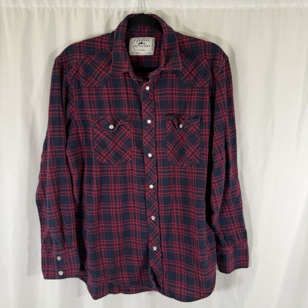 Cactus Man Flannel Shirt Men's Medium Red Blue Pearl Snap Button Down Pocket